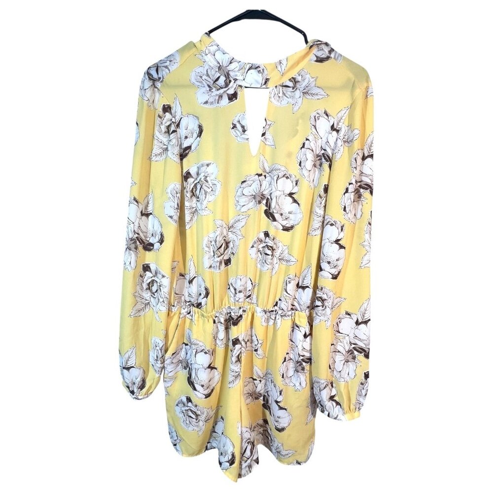 Lila Rose Romper Size 4 Yellow Floral Long Sleeve Keyhole Elastic Waist Pockets